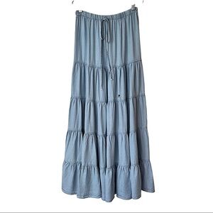 Sky to Moon Tiered‎ Ruffle Maxi Skirt Chambray Graffiti Art Elastic Waist Boho